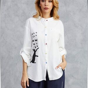 Multi-coloured Button-Down Shirt with a Black Cat and Butterflies Design